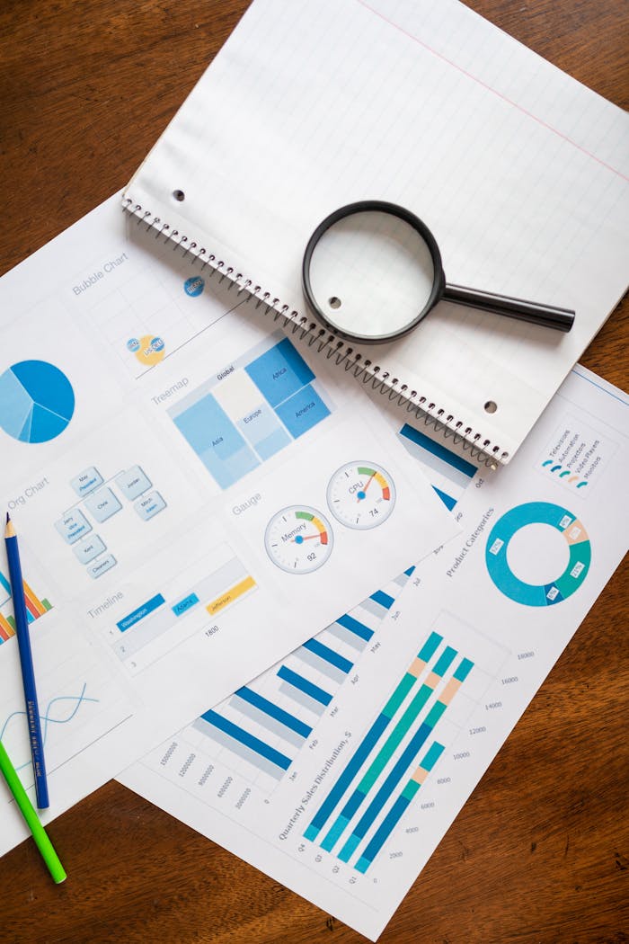 Mastering the First Impression: Your intriguing post title goes here A set of financial charts and graphs with a magnifying glass, perfect for business reports.